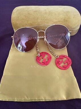 Gucci Gold Aviator Sunglasses with Pink Logo Charms